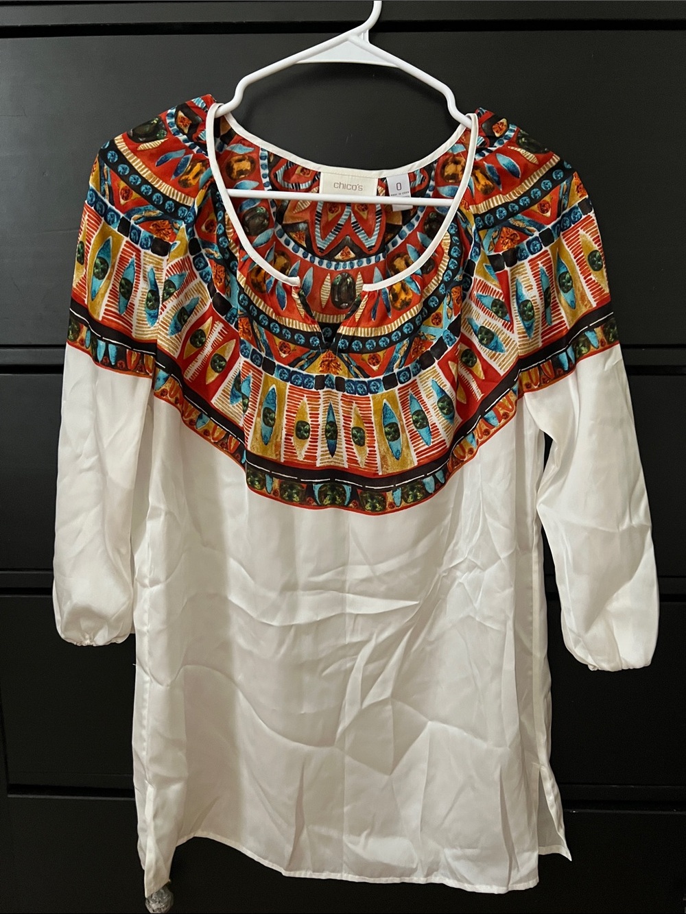 Chico's White Silky Tunic with Colorful Embroidered Yoke